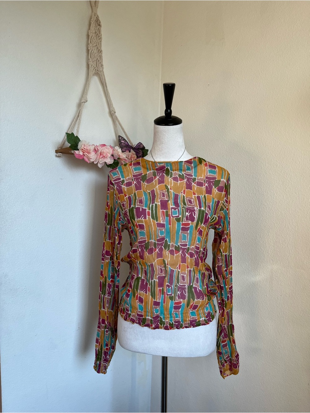 Anthropologie Multicolor Abstract Long Sleeve Silk Blouse size M